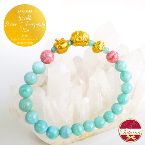 24K Gold Wealth Peace Prosperity Trio Feng Shui Charm on High Grade Larimar Gemstone Bracelet