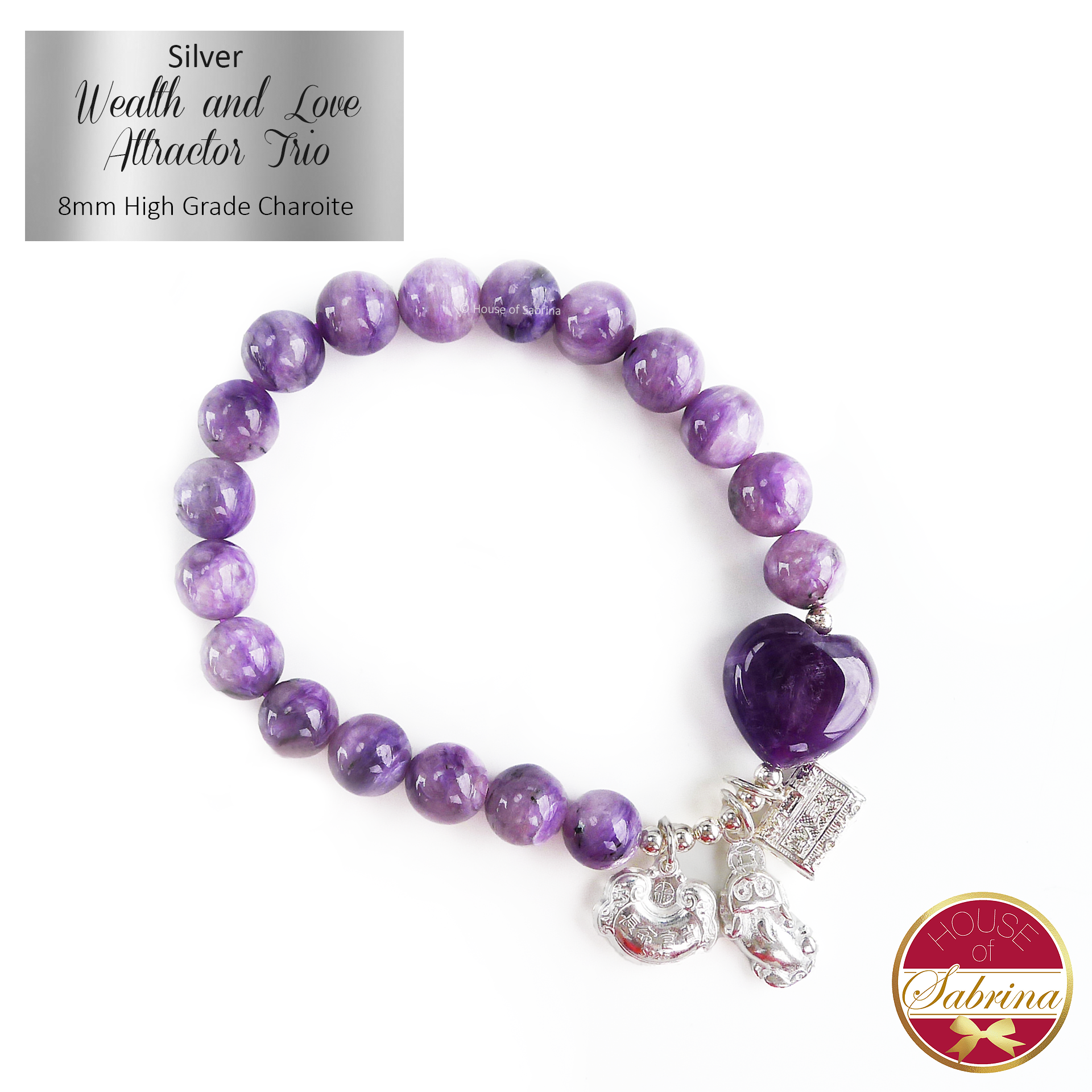 Silver Wealth and Love Attractor Trio on High Grade Charoite Gemstone Bracelet