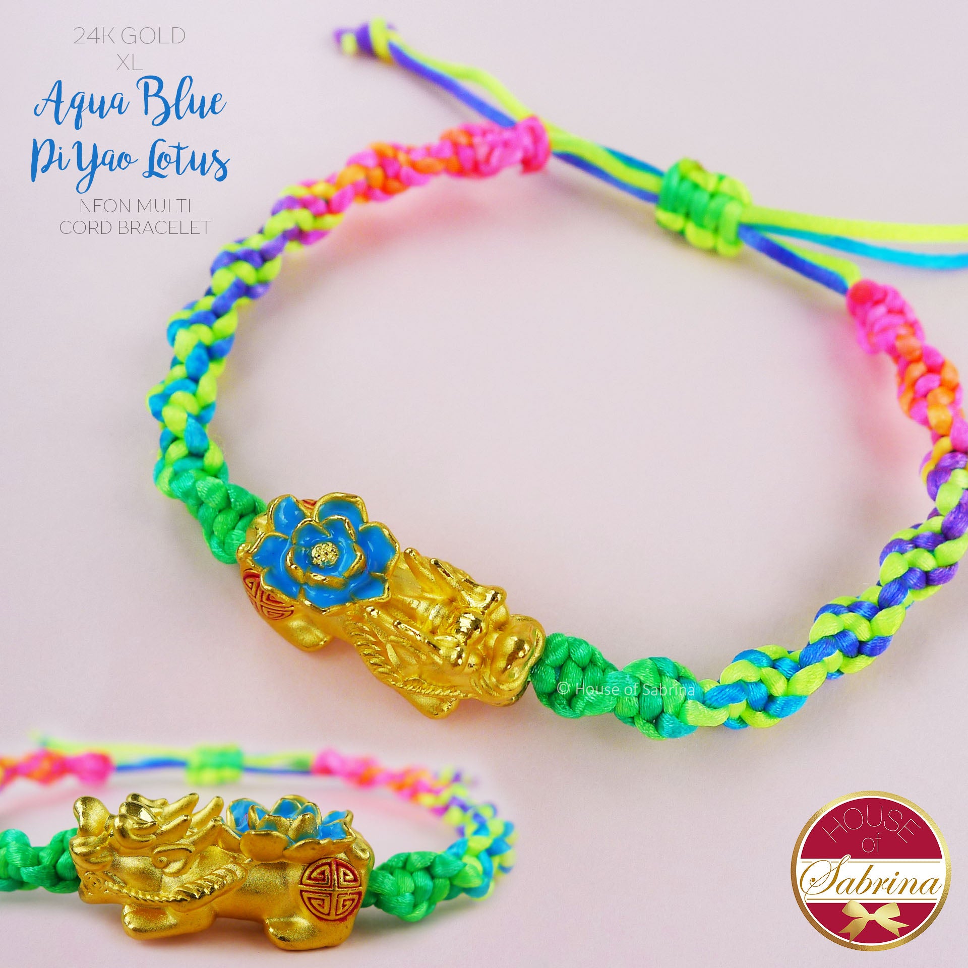 24K GOLD XL AQUA BLUE PI YAO LOTUS ON NEON MULTICOLOURED LUCKY CHARM CORD BRACELET