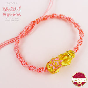 24K GOLD XL BLUSH PINK LOTUS PI YAO SALMON PINK CORD LUCKY CHARM BRACELET