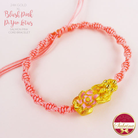 24K GOLD XL BLUSH PINK LOTUS PI YAO SALMON PINK CORD LUCKY CHARM BRACELET