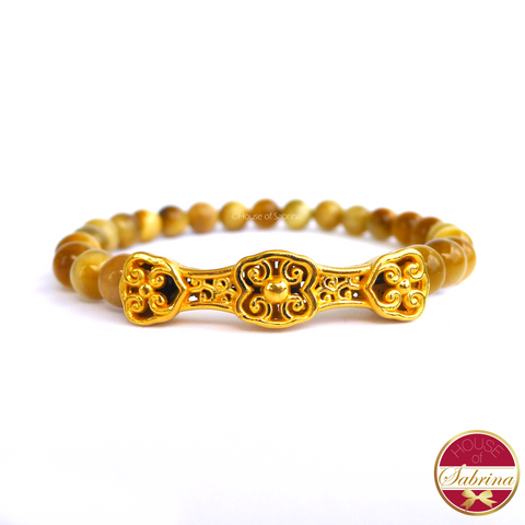 24K Gold Ru Yi in Yellow Tiger Eye Crystal Gemstone Lucky Charm Bracelet