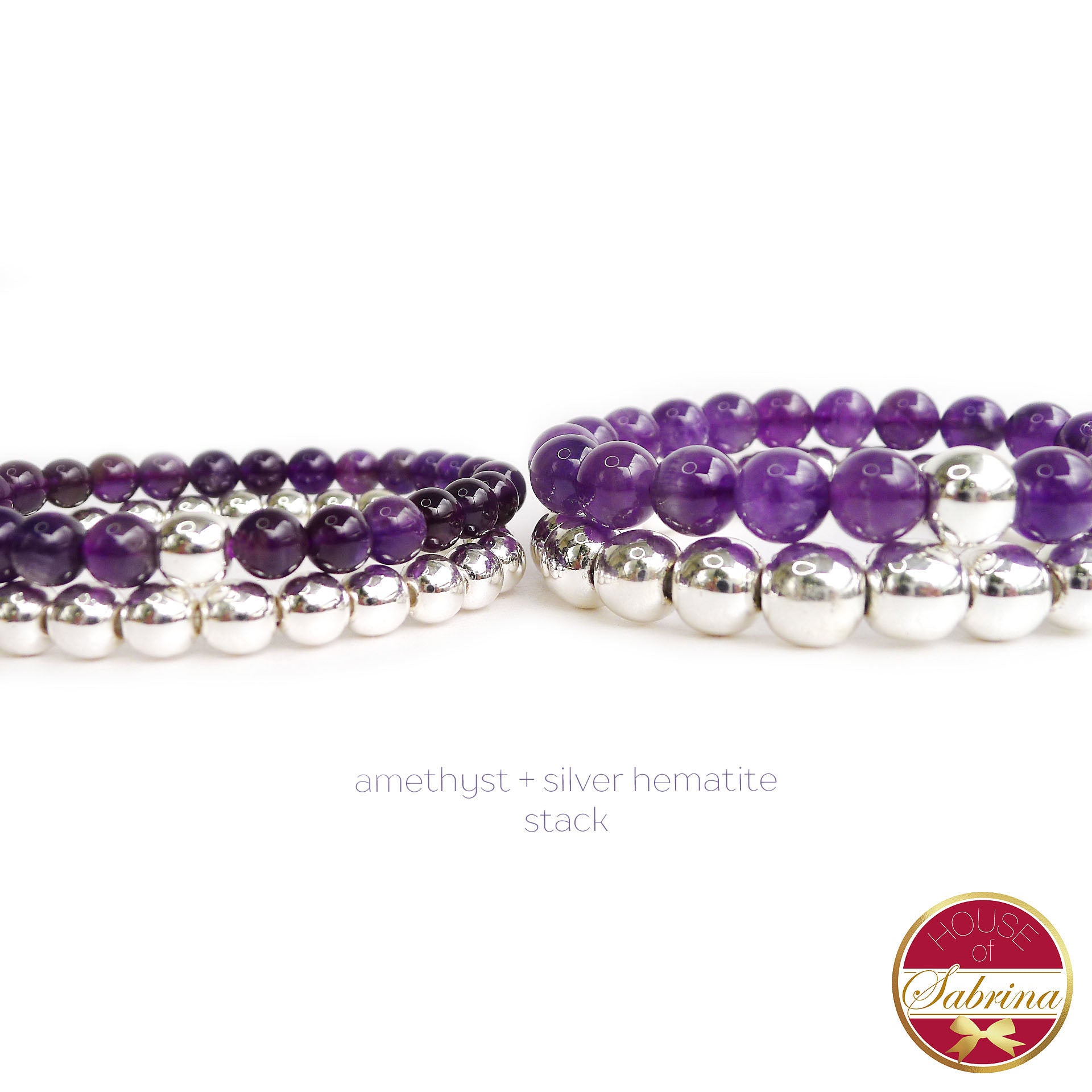 AMETHYST + SILVER HEMATITE DOUBLE STACK GEMSTONE BRACELET