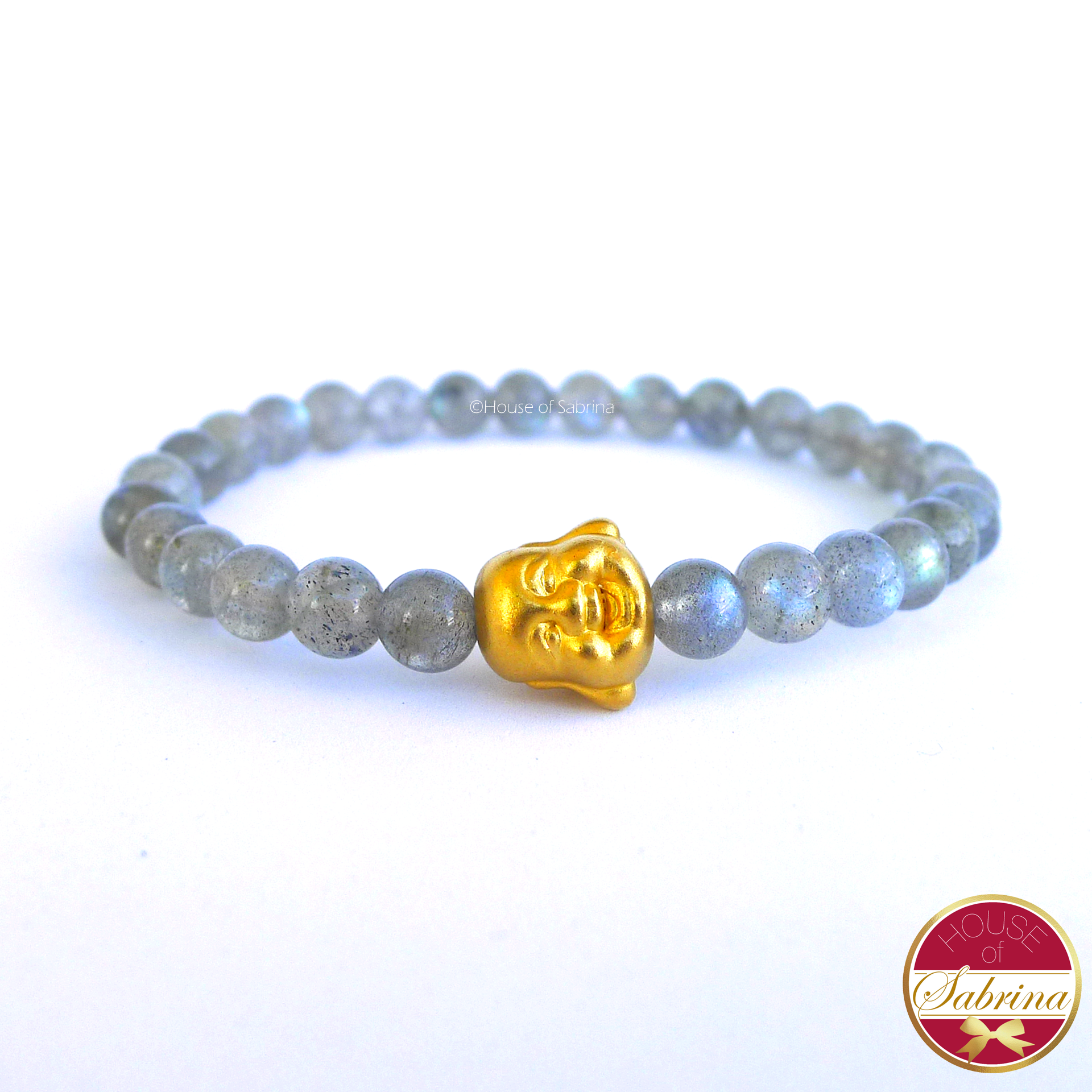 24K Gold Laughing Buddha in Labradorite Crystal Gemstone Lucky Charm Bracelet