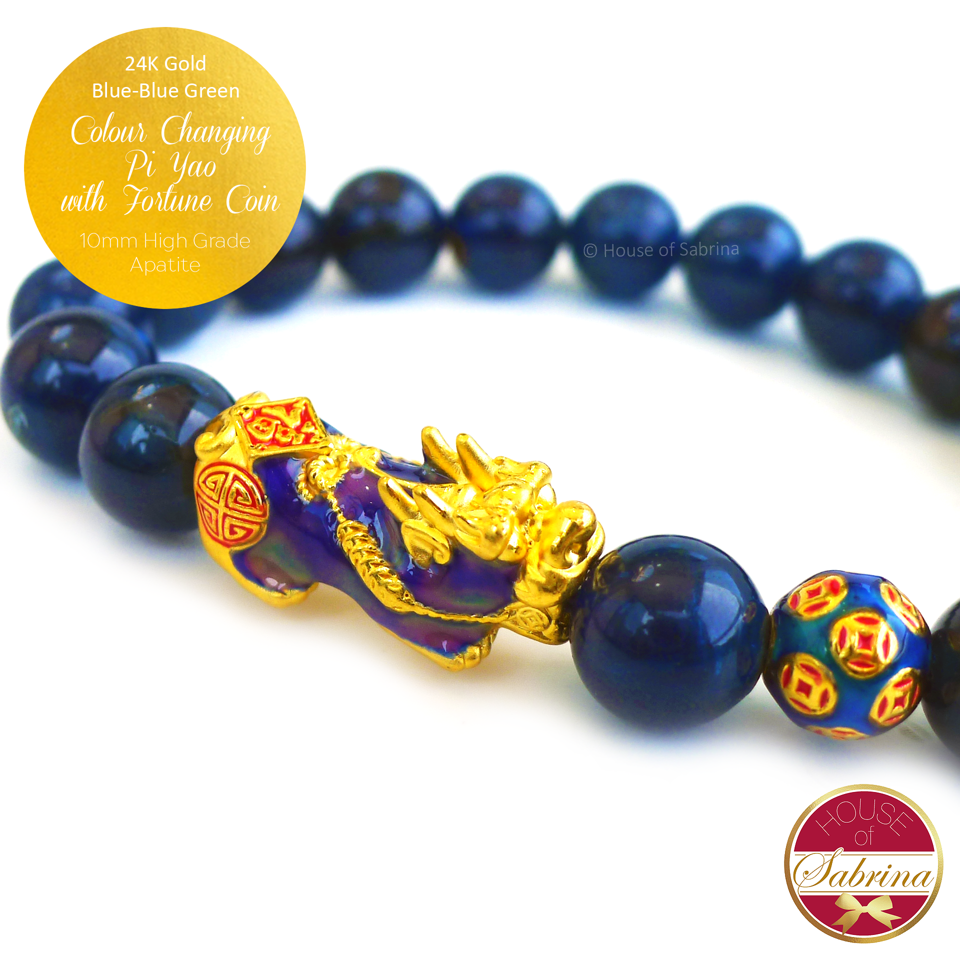 24K Gold Blue-Blue Green Colour Changing Pi Yao and Fortune Coin on High Apatite Gemstone Bracelet