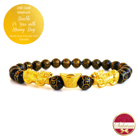 24K Gold Medium Double Pi Yao with Money Bar in Fortune Coin Black Onyx Gemstone Bracelet