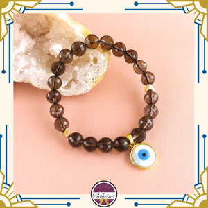 EVIL EYE FACETED SMOKY QUARTZ GEMSTONE BRACELET