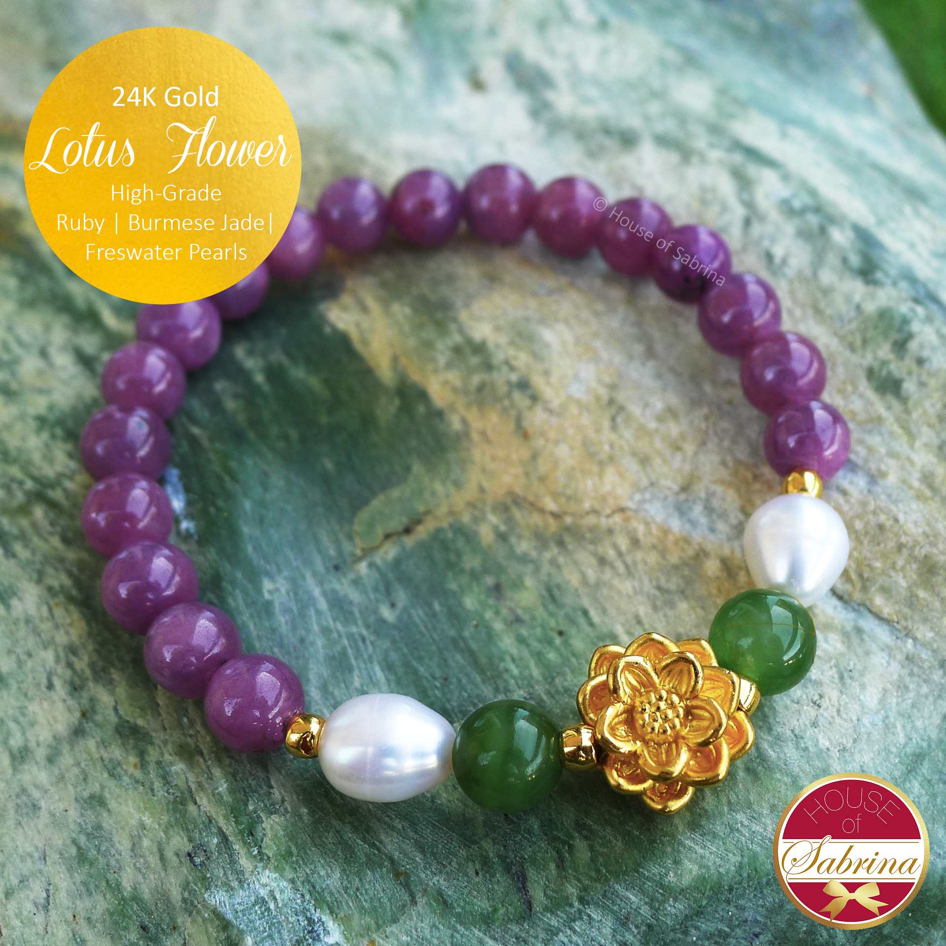 24K Gold Lotus Flower on High Grade Ruby and Burmese Jade Gemstone Bracelet