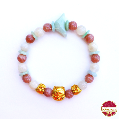 24K Gold Fortune Cat with Money Bags in Jade Sunstone & Moonstone Bracelet