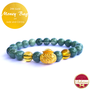 24K Gold Money Bag on Jade and Citrine Gemstone Bracelet