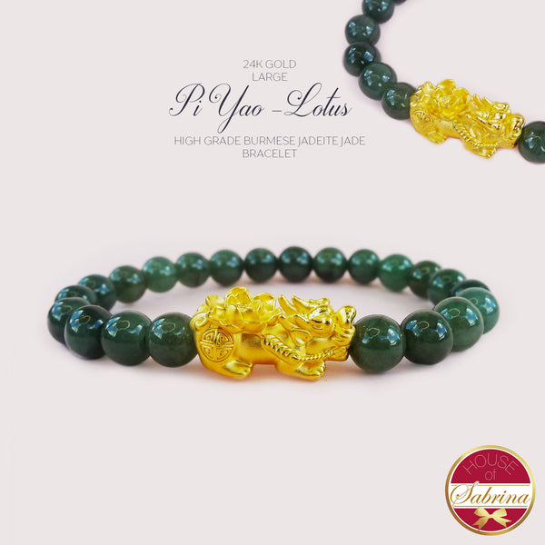 24K GOLD LARGE PI YAO LOTUS + HIGH GRADE BURMESE JADEITE JADE GEMSTONE LUCKY CHARM BRACELET