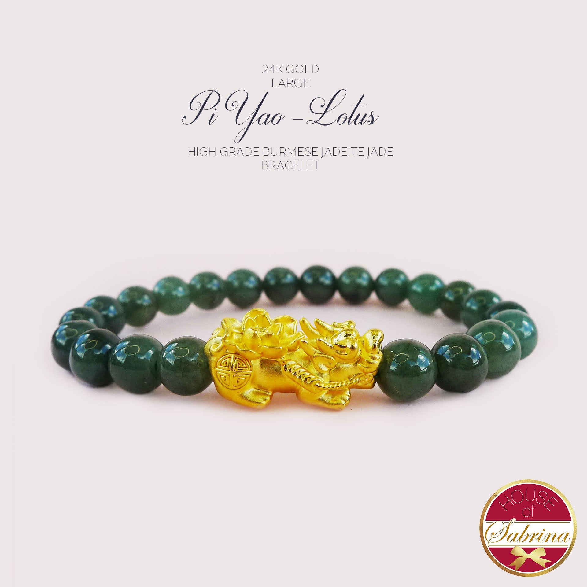 24K GOLD LARGE PI YAO LOTUS + HIGH GRADE BURMESE JADEITE JADE GEMSTONE LUCKY CHARM BRACELET