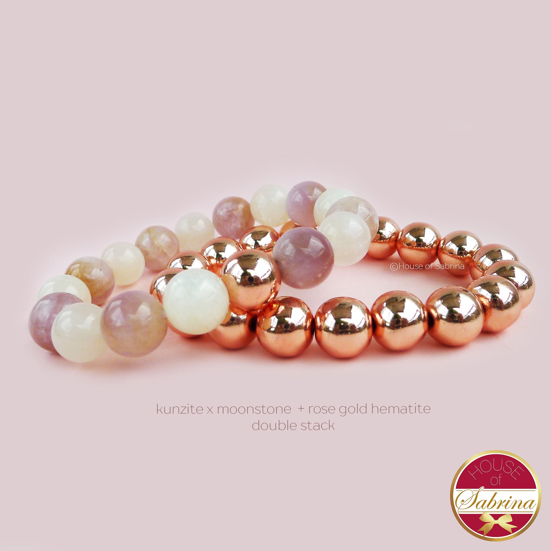 KUNZITE X MOONSTONE + ROSE GOLD HEMATITE DOUBLE STACK BRACELET