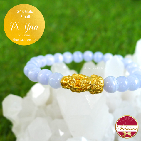 24K Gold Small Pi Yao on 6mm Blue Lace Agate Gemstone Bracelet