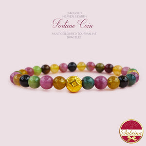 24K GOLD HEAVEN & EARTH FOTUNE COIN + 6MM HIGH GRADE MULTICOLOURED TOURMALINE BRACELET
