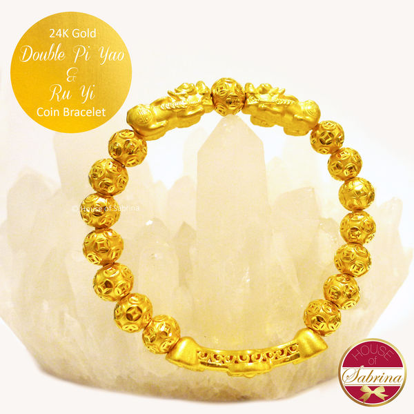 Pure 24K Gold Pi Yao and Ru Yi Lucky Coin Charm